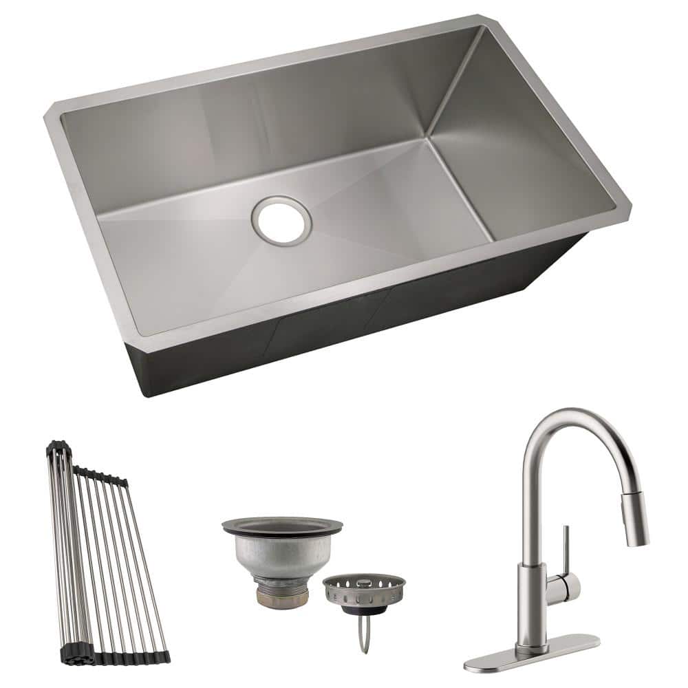 32 in. Undermount Single Bowl 18-Gauge Stainless Steel Kitchen Sink Kit wit