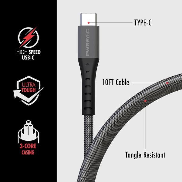 Tzumi Power Sync, Type-C, 10 ft. Charging Cable 30732HD - The Home