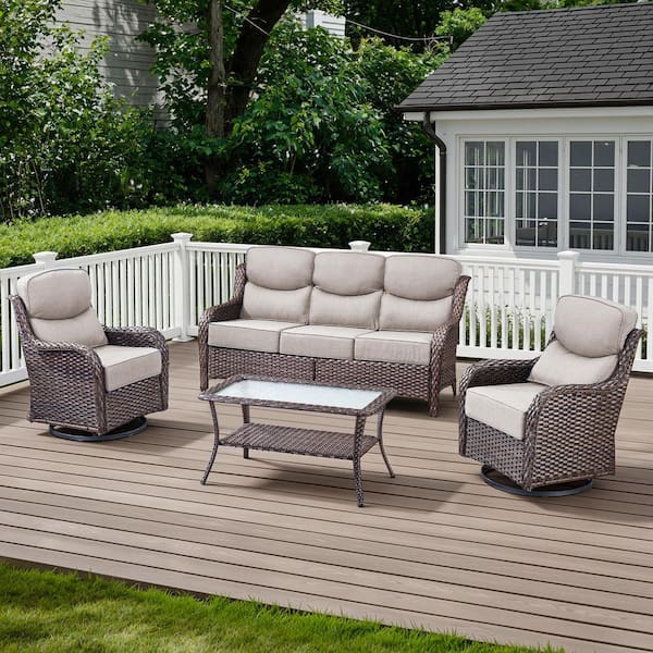 Arcadia Brown 4-Piece Wicker Patio Conversation Set with Swivel Gliders and 6 in. Thick Olefin Beige Cushions