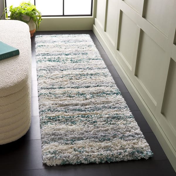 Fontana Shag 2 ft. x 8 ft. Ivory/Green Striped Abstract Runner Rug