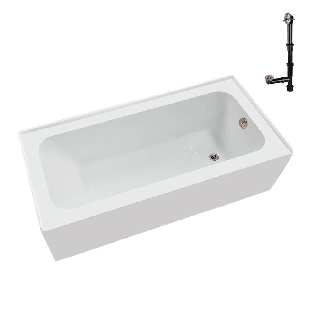 Glossy White Acrylic Right-Hand Drain Alcove Bathtub with Brushed Nickel Drain