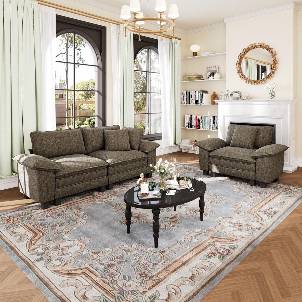 87.5 in. Flared Arm 3-Seat Chenille Modular Sectional Sofa in. Mottled Gray with Throw Pillows for Living Room
