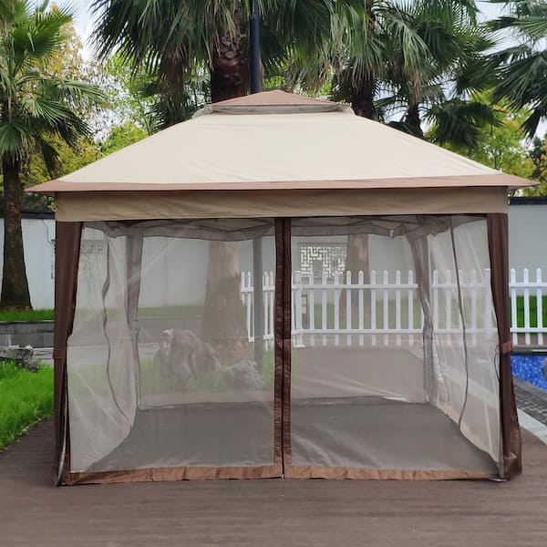 Yitahome  11.5x11.5ft Outdoor Pop Up Gazebo Camping Canopy With Mesh  Windows Brown