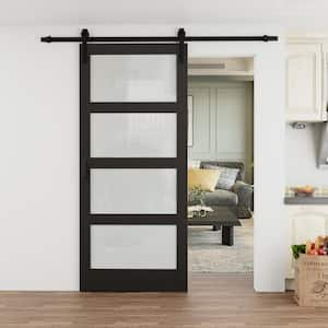 36 in. x 84 in. 4-Lite Tempered Frosted Glass Black Prefinished MDF Sliding Barn Door with Hardware Kit