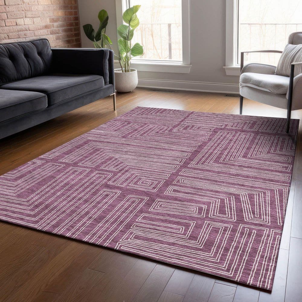 Eggplant Geometric Synthetic Flat Woven Washable Rug, 3' x 5'