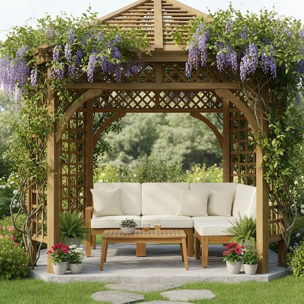 3-piece Acacia Wood and Metal Outdoor Patio Sofa Set with white Cushions