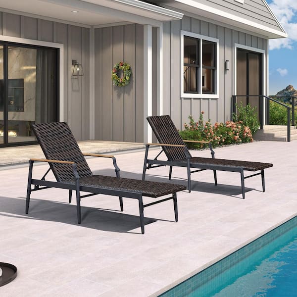 PURPLE LEAF Outdoor Lounge Chaise Patio Pool Lounger Wicker Chairs with Wooden Armrest for Pool Backyard Garden, Brown