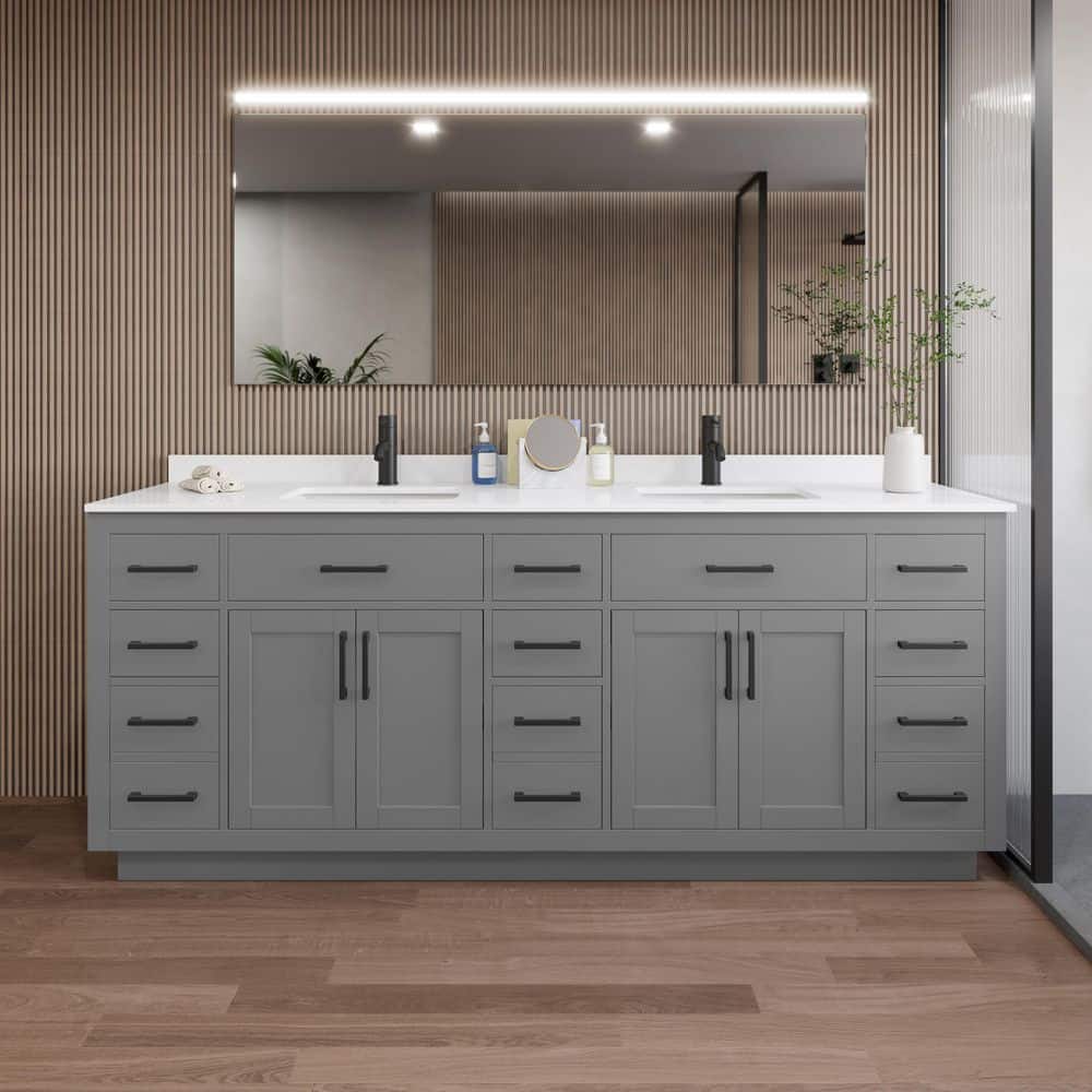 Beckett TK 84 in. W x 22 in. D x 35 in. H Double Sink Bath Vanity in Dark Gray with Matte Black Trim White Quartz Top price history on PriceWatchPro