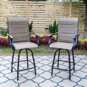 Black Padded Swivel Metal Outdoor Bar Stool With Arms (2-Pack)