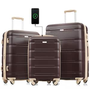 High-Quality Airline Certified Carry-On 3-Piece Brown Luggage Set w/USB Port, Cup Holder, Hard Shell and Spinner Wheels