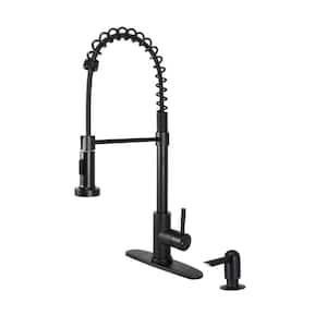 Single Handle Pull-down Kitchen Faucet with Spring Neck Dual Sprayer and Soap Dispenser in Matte Black