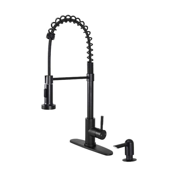 WASSERMAN FAUCETS Single Handle Pull-down Kitchen Faucet with Spring Neck Dual Sprayer and Soap Dispenser in Matte Black