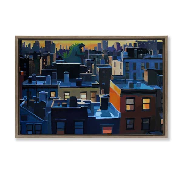 Stupell Industries Cityscape with Distant Monster by Keith Thomson Brown Floater Frame Abstract Graphic Art Print 17 in. x 25 in.