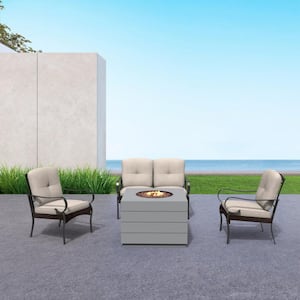 Paulette Gray 4-Piece Concrete Patio Fire Pit Conversation Sofa Set with Beige Cushions