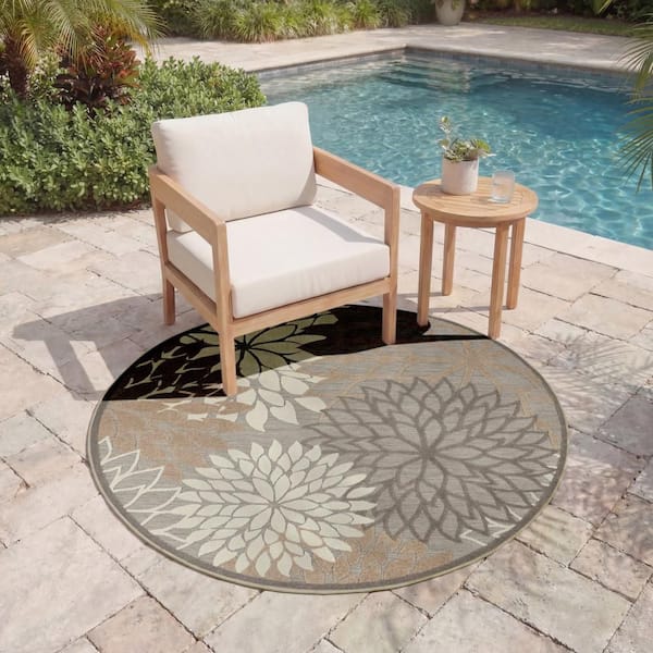 Aloha Natural 4 ft. x 4 ft. Round Floral Modern Indoor/Outdoor Patio Area Rug