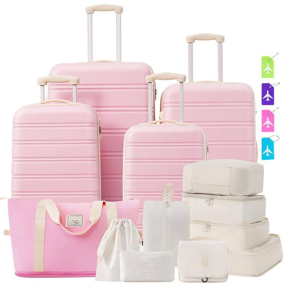 4-Piece Light Pink Hardside Spinner TSA Lock Lightweight Expandable  ABS Plastic Luggage Set with Travel Bag