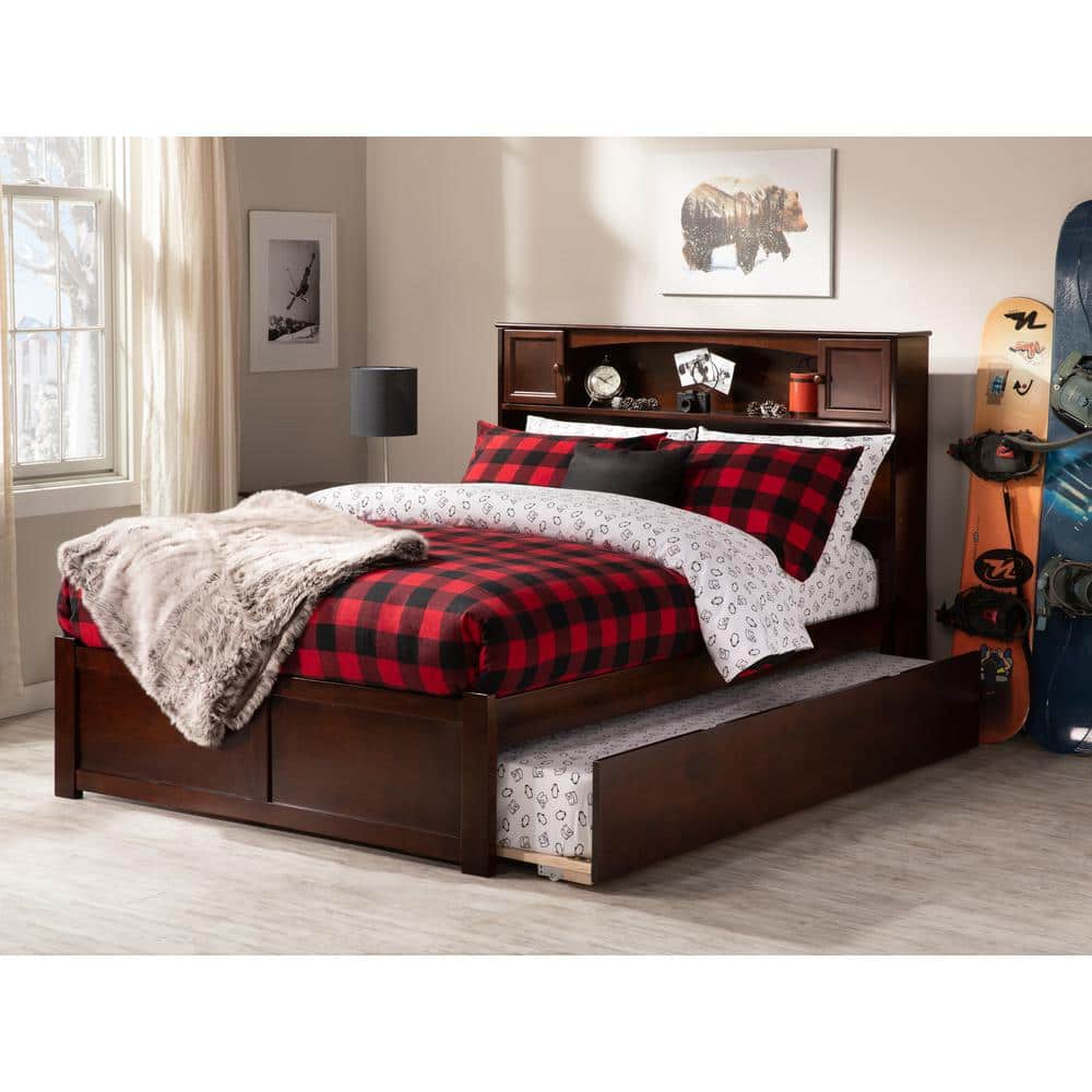 Newport Full/Double Captain's Bed with Bookcase Headboard and Storage Trundle in Walnut