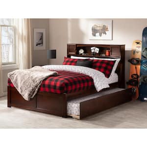 Newport Walnut Full Platform Bed with Flat Panel Foot Board and Twin Size Urban Trundle Bed