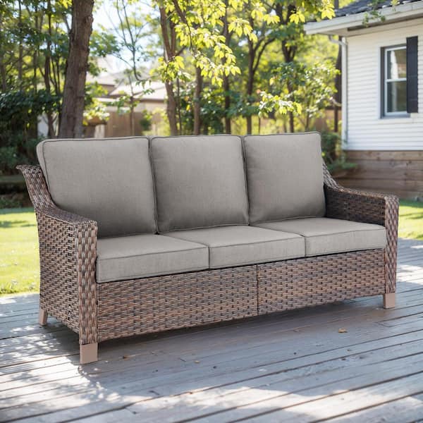 Modern Luxurious 3-Seat Brown PE Wicker Outdoor Couch with Olefin Gray Cushions and 4 In. Wide Armrest