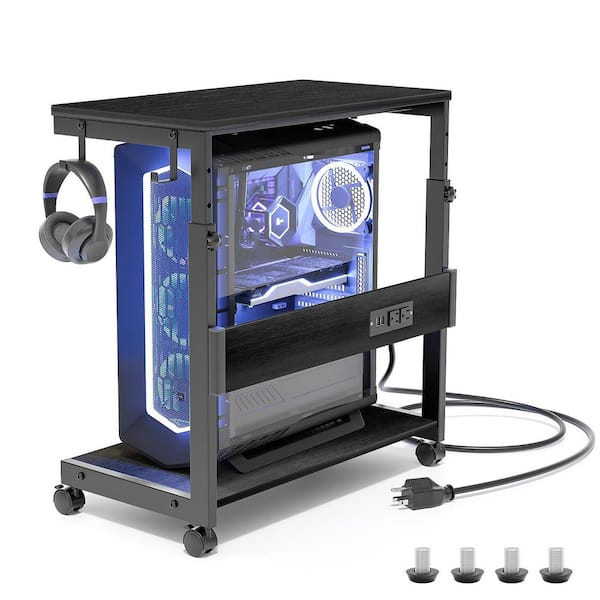 Black Adjustable Computer Tower Stand with Charge Station, ATX-Case Cart Mobile PC Stand with Locking Caster Wheels
