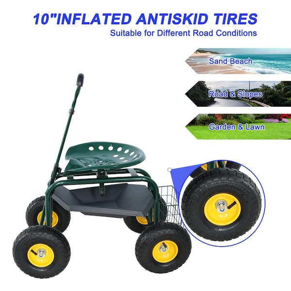 1 cu. ft. Steel Rolling Garden Cart with Tool Tray and 360 Swivel Seat