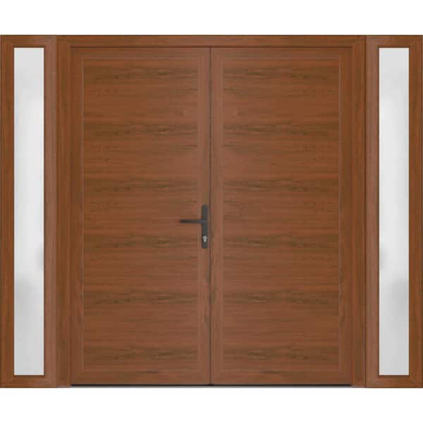 12+72+ 12 in. x 80 in. Left-hand/Inswing Frosted Glass Walnut Steel Prehung Front Door with Hardware