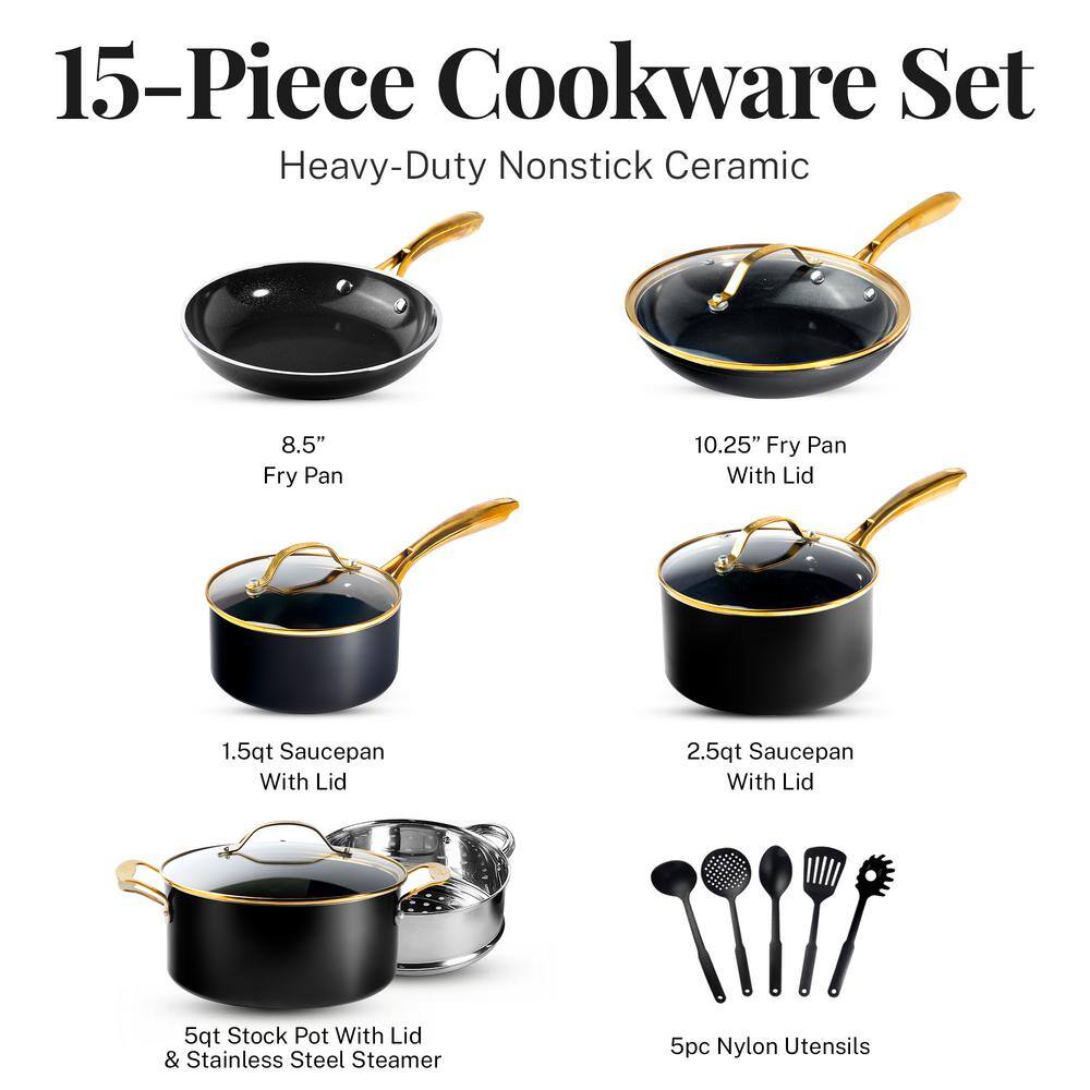 Black and Gold 15-Piece Nonstick Ceramic Cookware Set with Utensils