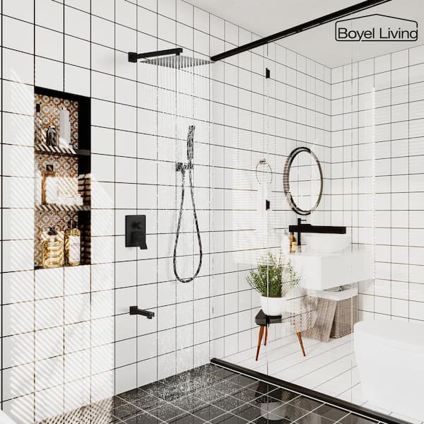 1-Spray Patterns with 2.5 GPM 12 in. Square Wall Mount Dual Shower Heads with Pressure Balance Valve in Matte Black