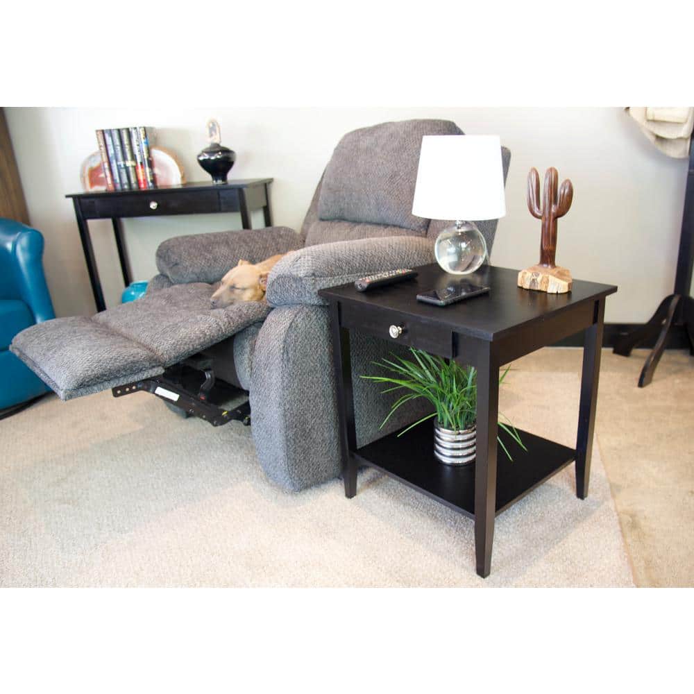 Black Solid Acacia Wood End Table with Drawer and Shelf