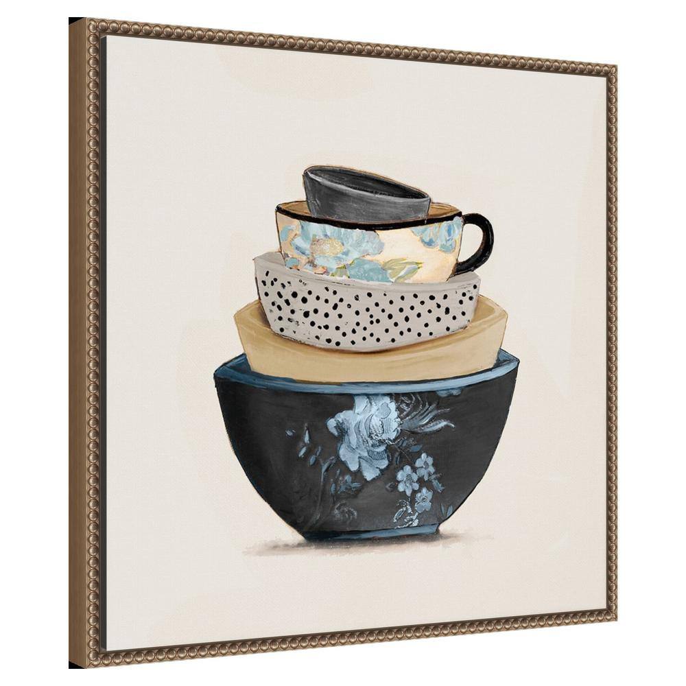 22"x22" Blue and Beige Stacked Bowls Canvas Print with Beaded Bronze Frame