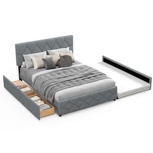 Gray Wooded Frame Queen Upholstered Platform Bed with Trundle and 2-Drawers No Box Spring Needed Noise Free