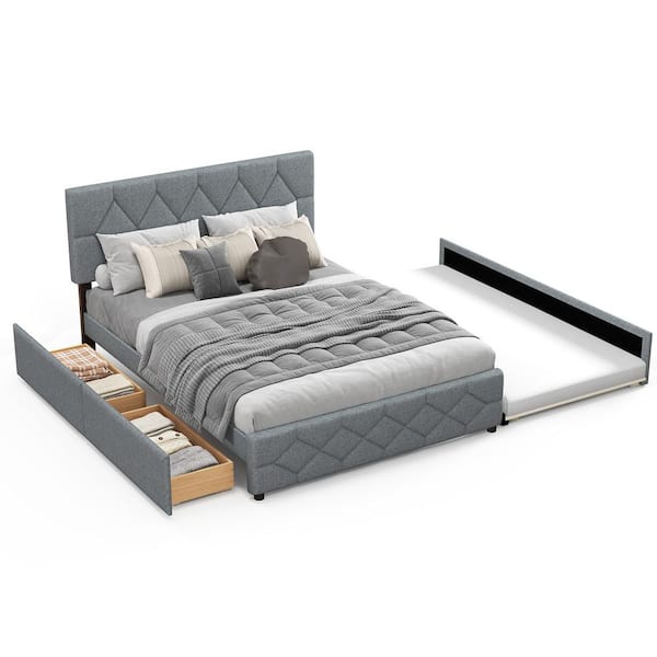ANGELES HOME Gray Wooded Frame Queen Upholstered Platform Bed with Trundle and 2-Drawers No Box Spring Needed Noise Free