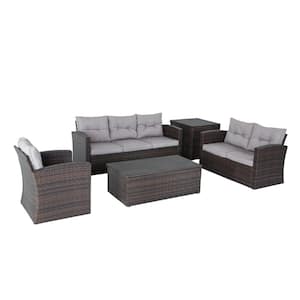 5-Piece Wicker Outdoor Dining Set with Washed Gray Cushion