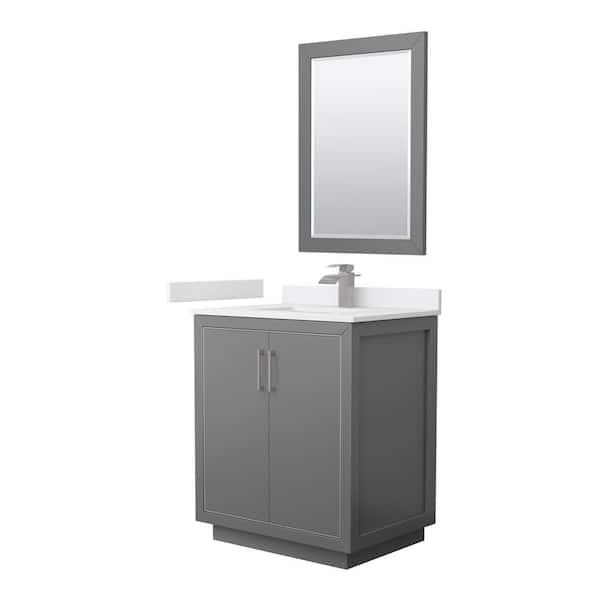 Wyndham Collection Icon 30 in. W x 22 in. D x 35 in. H Single Bath Vanity in Dark Gray with White Cultured Marble Top and 24" Mirror
