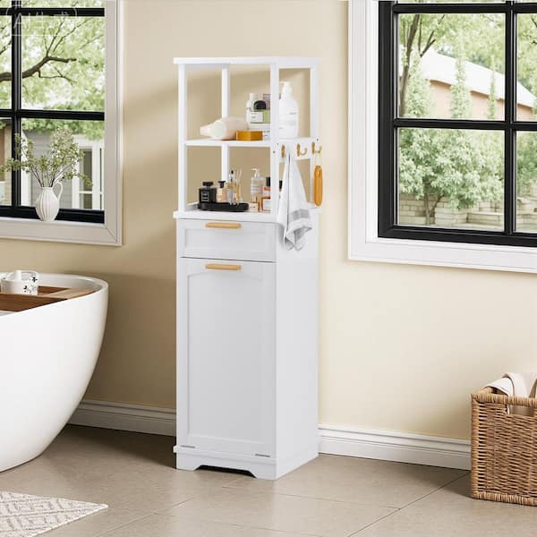 White Accent Cabinet with Tilt-Out Hamper, Hidden Trash Can Storage, Drawer and Side Hooks, Slim 53.3 in. Organizer