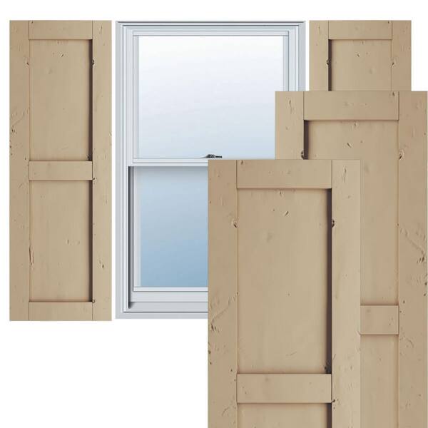 Ekena Millwork 18 in. x 74 in. Timberthane Polyurethane 2-Equal Panel Flat Panel Knotty Pine Faux Wood Shutters Pair