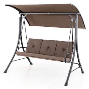 3-Person Metal Patio Swing with Adjustable Canopy Padded Cushions in Brown
