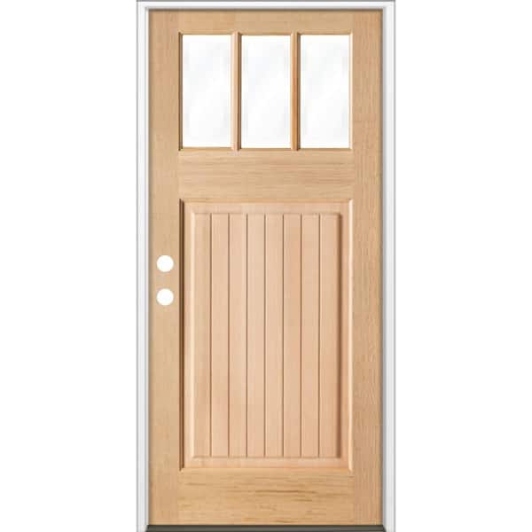 Krosswood Doors 36 in. x 80 in. Craftsman 3 Lite V Groove Unfinished Stain Right-Hand/Inswing Hemlock Prehung Front Door