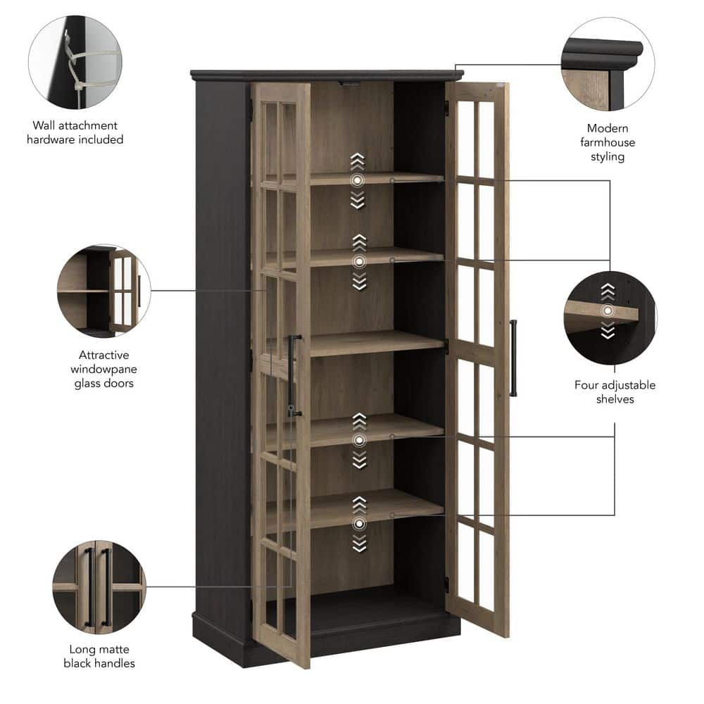 Tall Vintage Black and Tan Hickory Curio Cabinet with Glass Doors