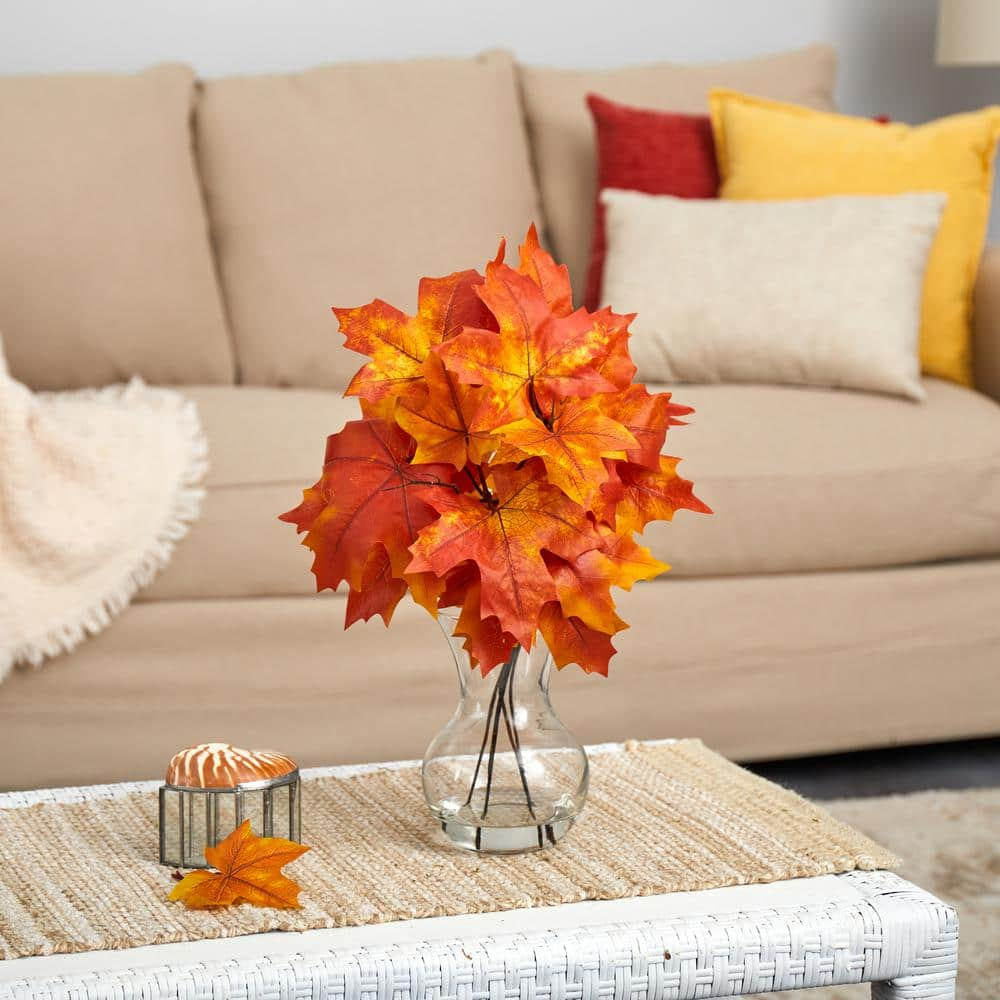 Nearly Natural 18in. Autumn Maple Leaf Artificial Plant in Glass ...