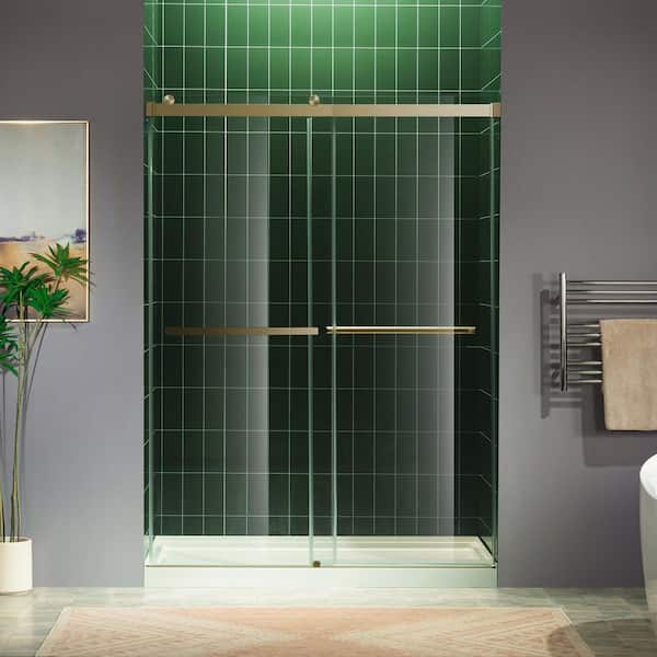 48 in. W x 80 in. H Double Sliding Frameless Shower Door in Brushed Bronze Finish with 5/16 in. Clear Glass