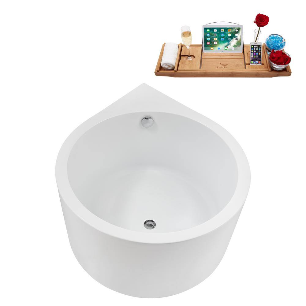 47" Glossy White Acrylic Freestanding Soaking Bathtub with Polished Chrome Drain and Bamboo Tray