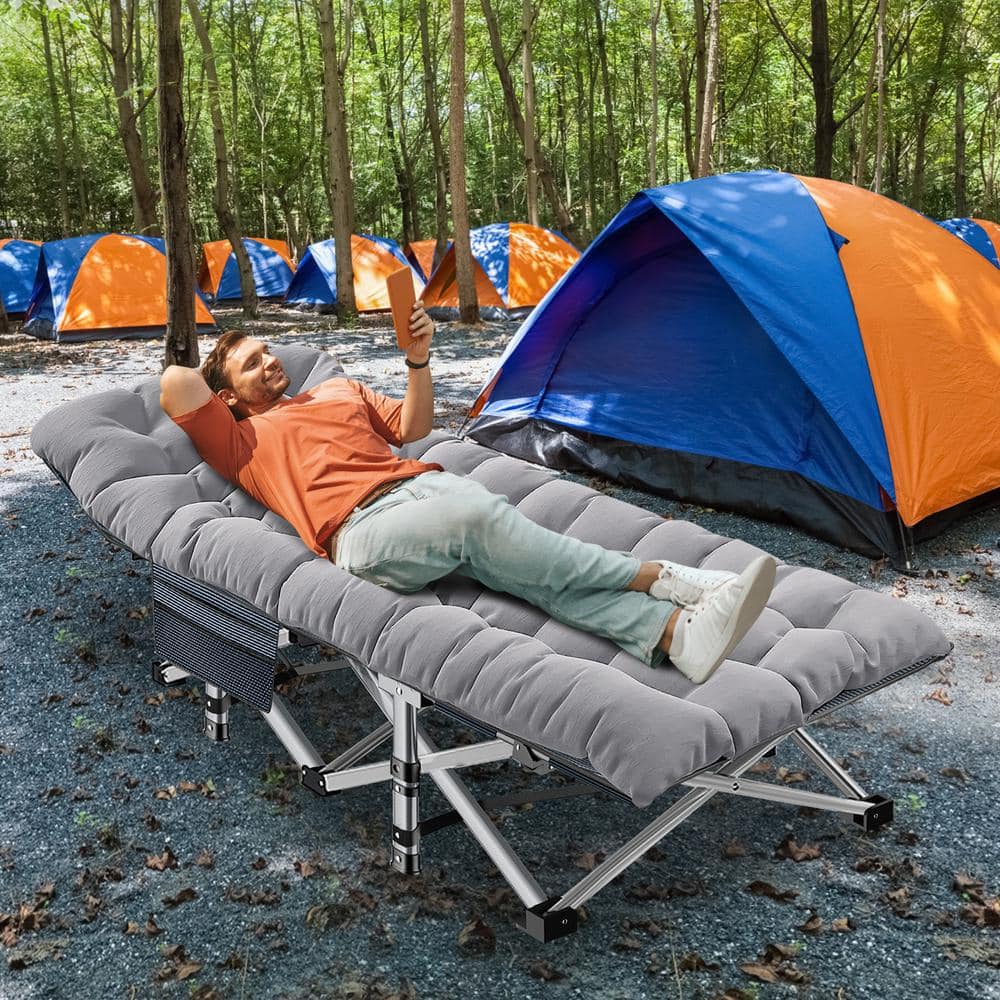 Gray Steel Folding Camping Cot with Oxford Mattress