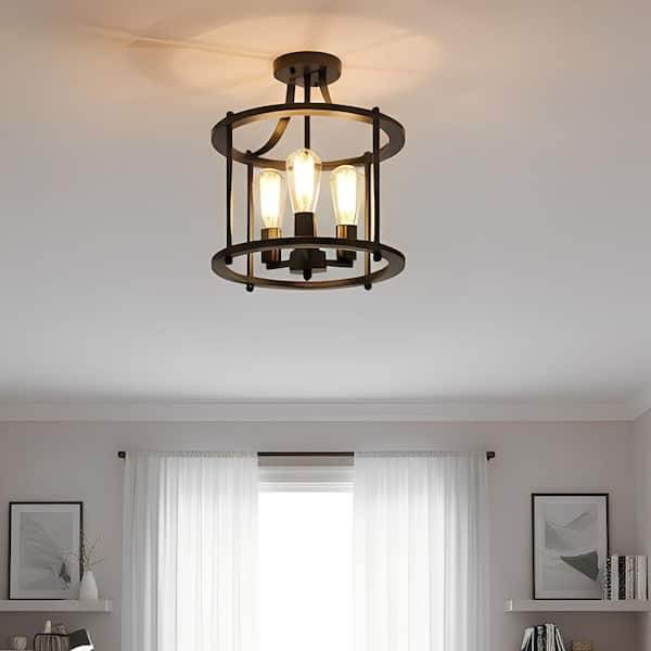 3-Light Black Farmhouse Semi Flush Mount Ceiling Light Fixture, Vintage Ceiling Mount for Dining Room Hallway Entryway