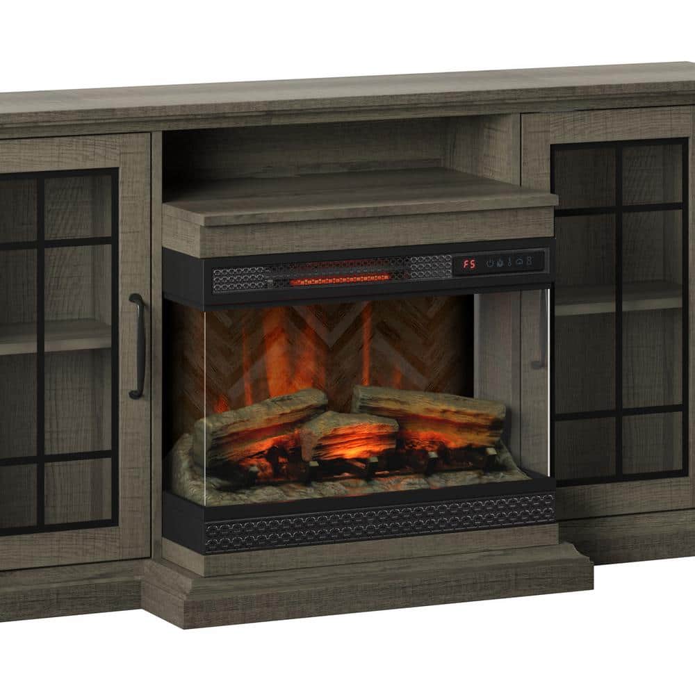 Saw Cut Oak TV Stand with Panorama Electric Fireplace and Glass Cabinets