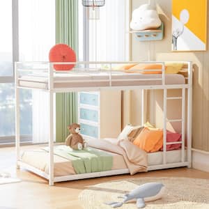 White Twin Over Twin Metal Bunk Bed, Heavy Duty Low Bunk Bed with Safety Guard Rails and Ladder