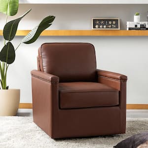 Angel Brown 29 in. Wide Genuine Leather Swivel Arm Chair with Nailhead Trims and Metal Base