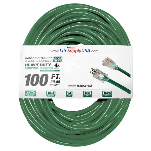 LifeSupplyUSA 100 ft. 16-Gauge/26 Conductors SJTW Indoor/Outdoor Extension Cord with Lighted End Green (1-Pack)