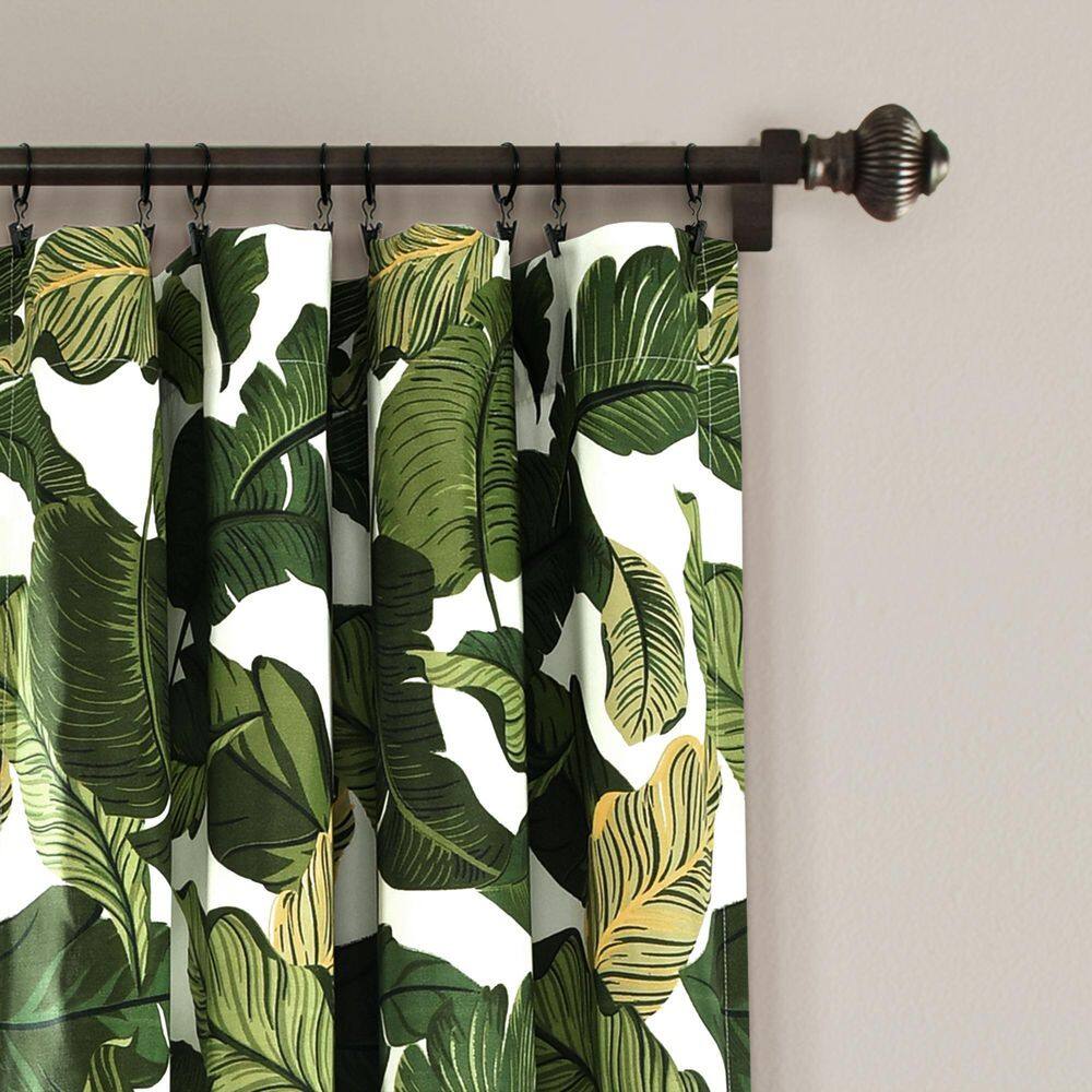 Green Tropical Banana Leaf Polyester Rod Pocket Curtain Panels, 52"W x 108"L