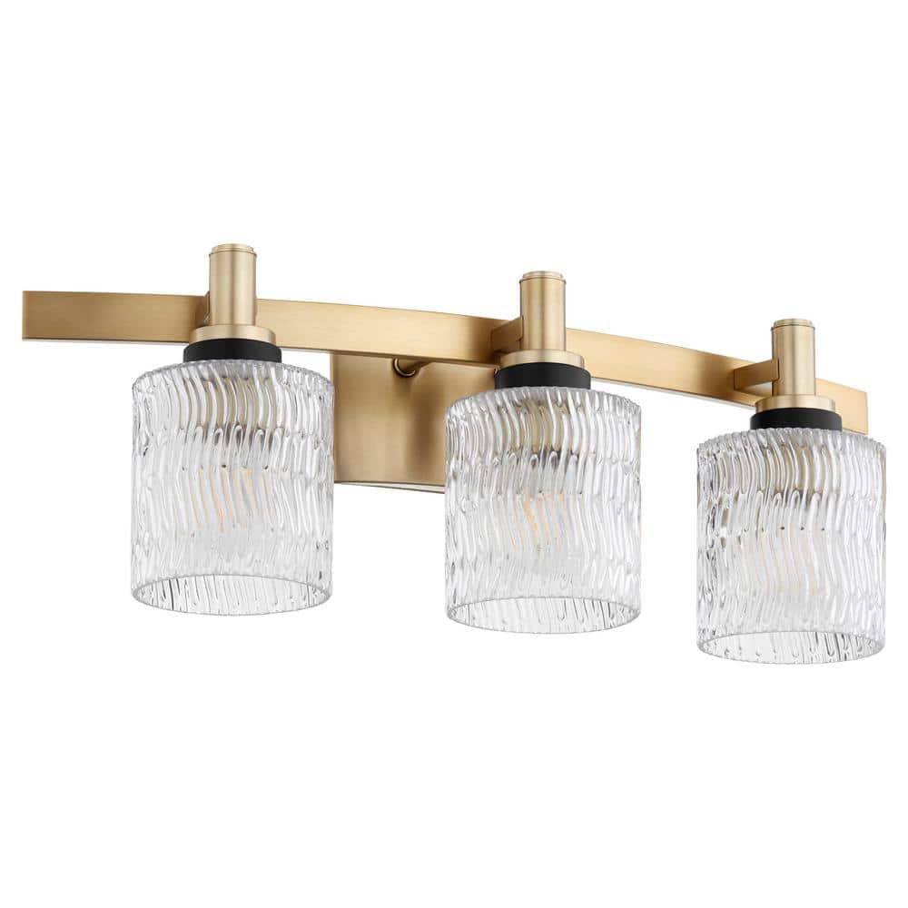 Aged Brass 3-Light Vanity with Clear Glass Shades